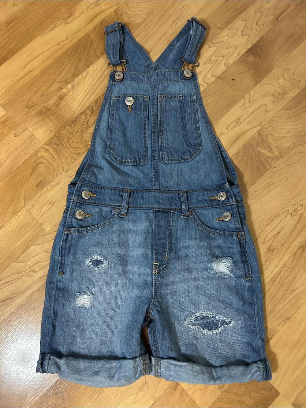 Kids Gap Denim Short Overalls - Blue Distressed Overall Shorts